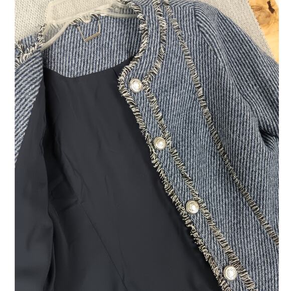 Chicos Open Front Jacket Womens Size 8 Blue Tweed Fringe Military Evening Casual - Picture 5 of 15